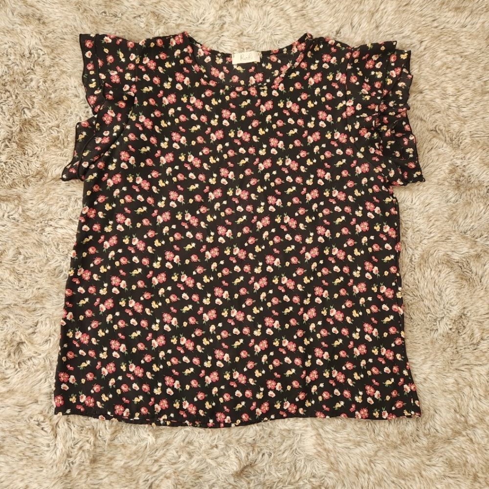 Riah Fashion Flutter Sleeve‎ Floral Blouse Red and Yellow Women's Size Large